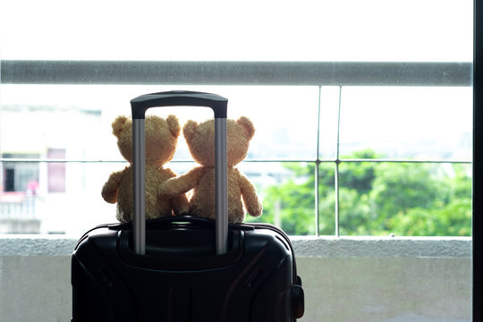 Two teddy Bear sitting on a luggage in accommodations. Tourist and Travel concept.