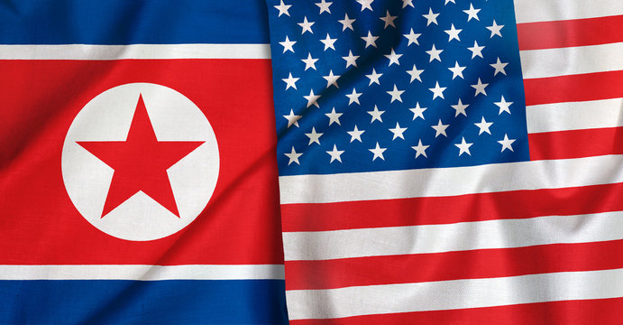 Background of the flags of the United States and North Korea