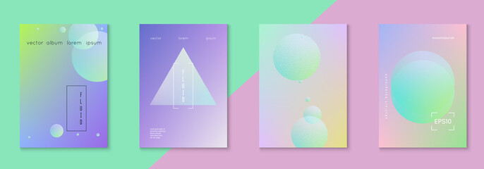 Minimal shapes cover set with holographic fluid. Gradient on vibrant background. Trendy hipster template for poster, covers, banners, flyers, report, brochure. Minimal shapes cover in neon colors.