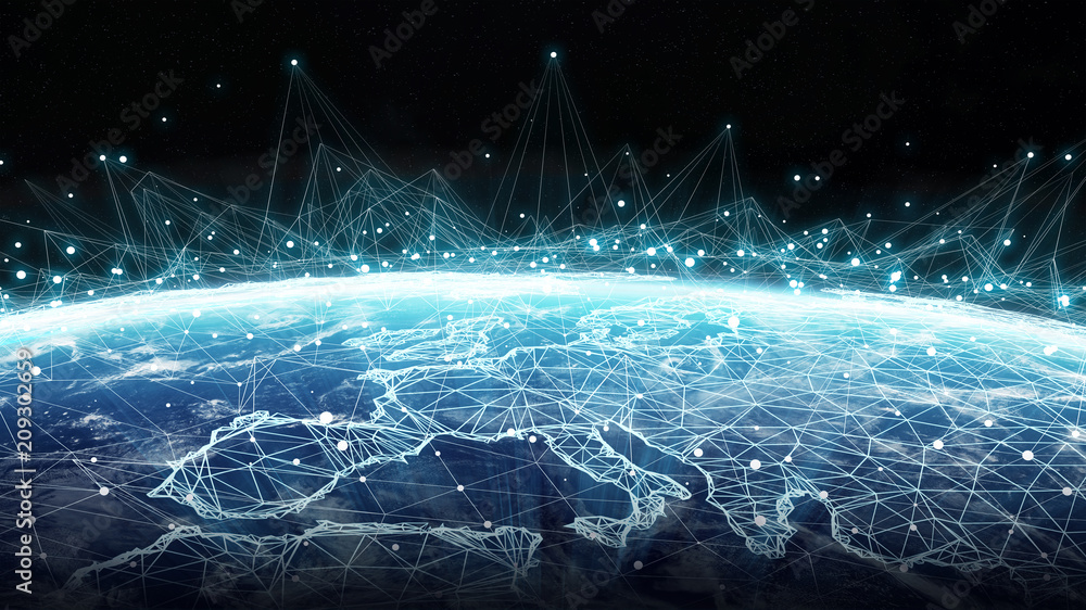 Poster connections system and datas exchanges on planet earth 3d rendering