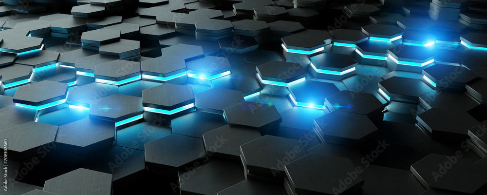 Poster black and blue hexagons background pattern 3d rendering