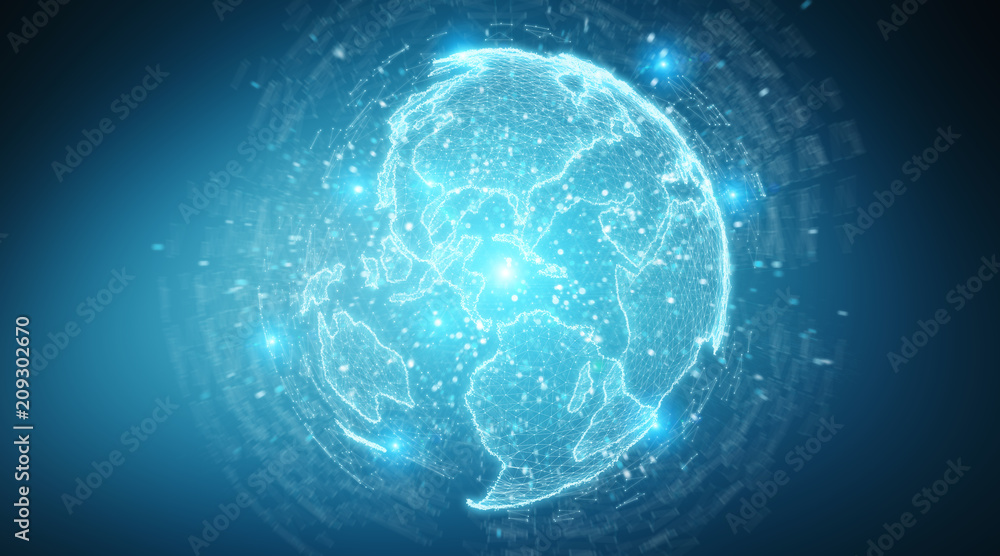 Poster globe network hologram with america usa map 3d rendering