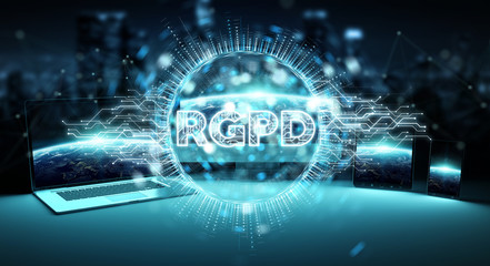 Digital GDPR interface over tech devices 3D rendering
