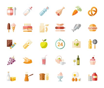 Food, colored icons, grocery store, vector. Food and drinks, production and sale. Colored, flat icons on white field. Vector clip art.  