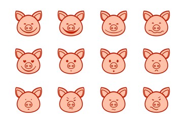 Pig, icon, different emotions, pink, vector. Pig head with different emotions, meme, icon. Color, vector pictures. Pink drawings with a red-brown outline.  