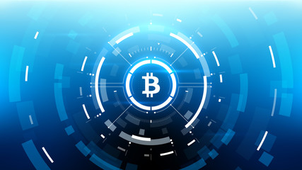 Bitcoin cryprocurrency futuristic vector illustration for background, HUD, graphical user interface, banner, business and finance infographics and more. Worldwide digital money blockchain system