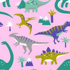 Hand drawn seamless vector pattern with cute dinosaurs, mountains and palm trees. Repetitive wallpaper on white background. Perfect for fabric, wallpaper, wrapping paper or nursery decor.