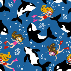 Hand drawn seamless vector pattern with cute dolphins and diving girls. Repetitive wallpaper on dark blue background. Perfect for fabric, wallpaper, wrapping paper or nursery decor.
