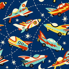 Vintage space cars seamless vector pattern on dark blue background.  Cute hand drawn cars, rockets, stars and moon. Perfect for fabric, wallpaper or wrapping paper. 