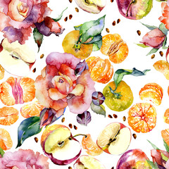 Vegetable, floral, fruity pattern. Seamless, isolated collage. Ripe, tropical mandarins. Beautiful, beautiful roses. Red apples. Watercolor. Illustration