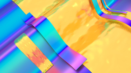 Abstract Holographic and golden foil ribbons. Digital wave Rainbow Paper background 