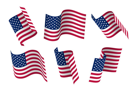 Set of 3d USA waving flag. Isolated on white, vector illustration.