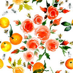Delicate, small, fragrant, ancient roses, honey, rustic, wild bees, delicate, tasty, fragrant mandarins. Watercolor. illustration