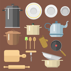 Kitchen dishes vector flat icons isolated household equipment everyday dishes furniture illustration.
