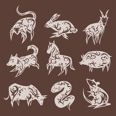 Chinese zodiac eastern calendar traditional china new year oriental animal symbols vector illustrations.