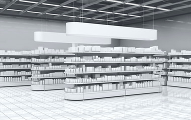 Interior of a supermarket with shelves for goods. 3d illustration