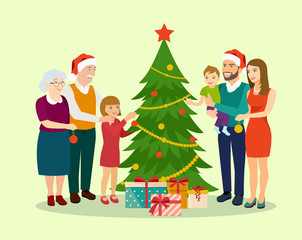 Family at Christmas. Family standing near christmas tree and decorating. Vector flat illustration