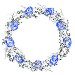 Ritual, traditional, cultural, festive, floral, Easter wreath. Multicolored, chicken egg. Spring verbba. Watercolor. Illustration