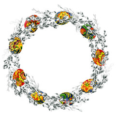 Ritual, traditional, cultural, festive, floral, Easter wreath. Multicolored, chicken egg. Spring verbba. Watercolor. Illustration