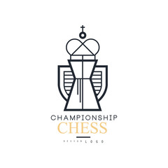 Chess championship logo design, black and white emblem with King chess vector Illustration