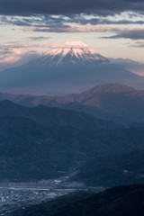 Top of Mt. Fuji with sunrise sky in spring season