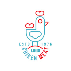 Chicken meat logo estd 1976, retro badge for farm natural organic products food, packaging, shop, restaurant, grill, BBQ vector Illustration