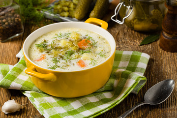 Traditional cucumber soup with pickled cucumbers.