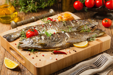 Grilled whole trout. Served with baked potatoes.