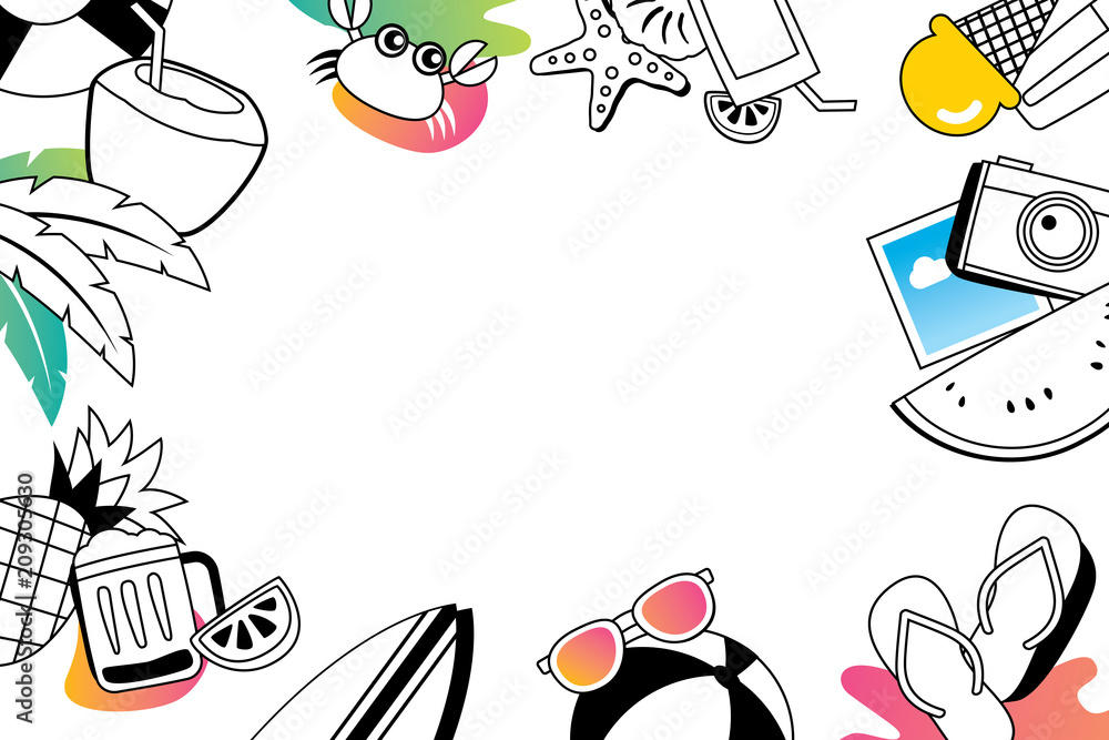 Poster summer doodles symbol and objects icon elements with space for text. hand drawn style. use for label