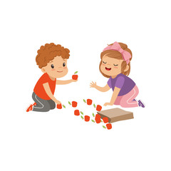 Cute boy and girl sitting on the floor and playing with apples, kids sharing fruit vector Illustration on a white background