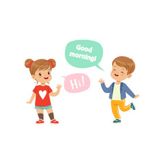 Boy and girl greeting each other, kids good manners concept vector Illustration on a white background