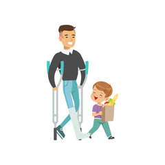 Little boy helping disabled man carry shopping bag, kids good manners concept vector Illustration on a white background
