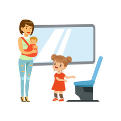 Little girl giving way to woman with baby in public transport, kids good manners concept vector Illustration on a white background