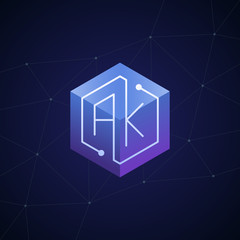 Initial letter AK, block chain, looping mono line circuit letter on hexagon cube logo, blue magenta gradient color on black blue network background