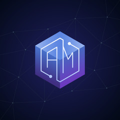 Initial letter AM, block chain, looping mono line circuit letter on hexagon cube logo, blue magenta gradient color on black blue network background
