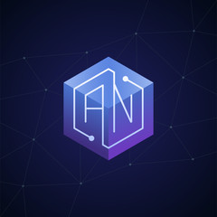 Initial letter AN, block chain, looping mono line circuit letter on hexagon cube logo, blue magenta gradient color on black blue network background