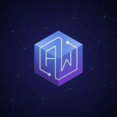 Initial letter AW, block chain, looping mono line circuit letter on hexagon cube logo, blue magenta gradient color on black blue network background