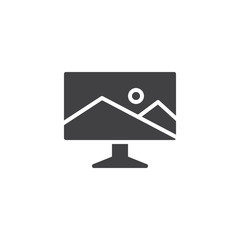 Panorama view on computer monitor vector icon. filled flat sign for mobile concept and web design. Panoramic landscape on screen simple solid icon. Symbol, logo illustration. Pixel perfect