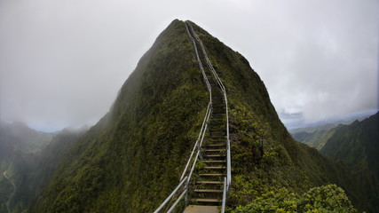 stairway to heaven metal stairs on mountain ridge hike Oahu island Hawaii