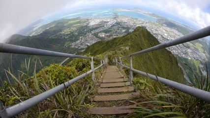 stairway to heaven metal stairs on mountain ridge hike Oahu island Hawaii