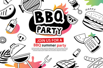 Summer BBQ party in doodles symbol and objects icon for background. Barbecue picnic invitation poster with hand drawn style. Use for labels, stickers, badges, poster, flyer, banner.
