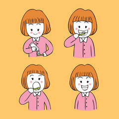 Cartoon cute girl brush teeth set vector.