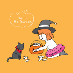 Cartoon cute little girl and black cat sharing candy vector.