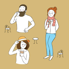 Cartoon cute people and coffee set vector.