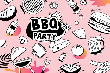Summer BBQ doodles symbol and objects icon for party background. Barbecue picnic in hand drawn style. Use for labels, stickers, badges, poster, flyer, banner, illustration design.