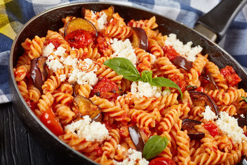 Pasta fusilli alla Norma with eggplant