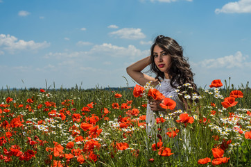 Fototapeta na wymiar Young charming brunette girl in a field with flowers of poppies and daisies on a bright sunny summer day