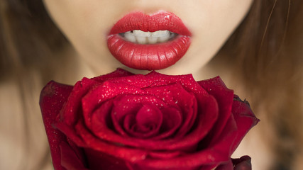 Close-up shot of sexy woman lips with red lipstick and beautiful red rose.