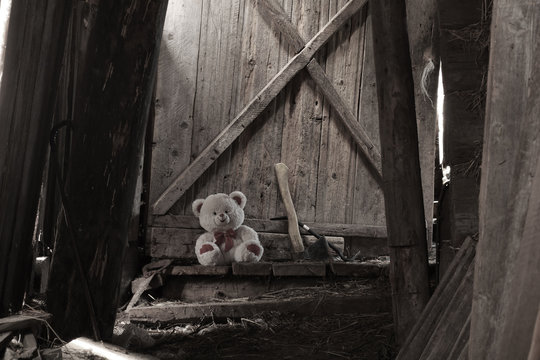 The lonely teddy bear sits in the old shed.