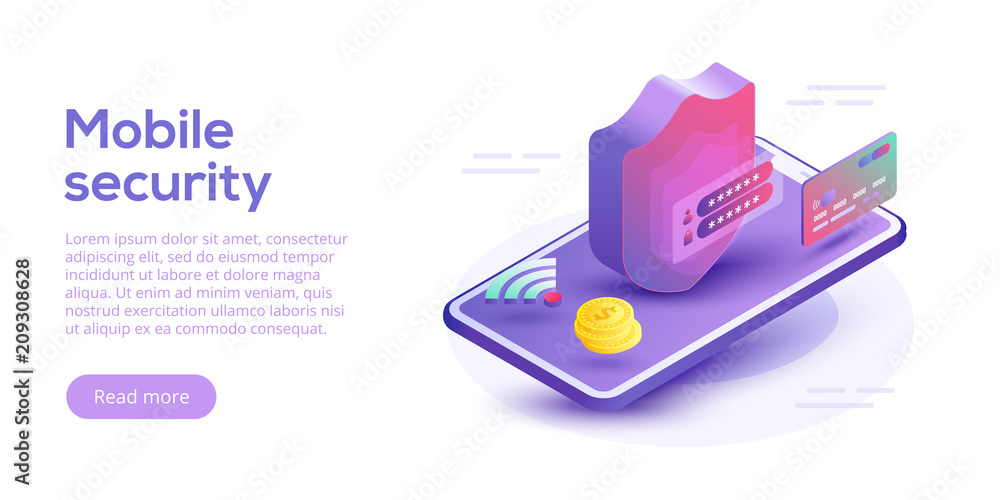 Poster mobile data security isometric vector illustration. online payment protection system concept with sm